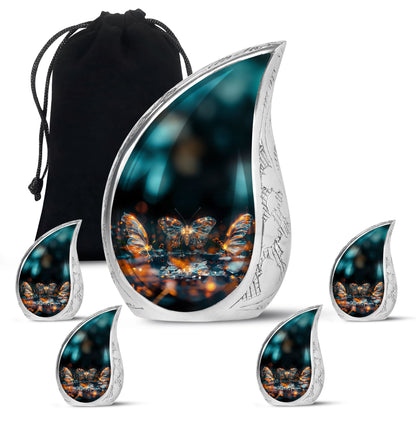 Butterfly Urn for Human Ashes, Glowing Gold Wings with Sparkle Particles, Black Gloss Urn