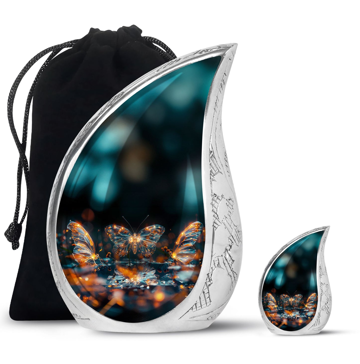 Butterfly Urn for Human Ashes, Glowing Gold Wings with Sparkle Particles, Black Gloss Urn