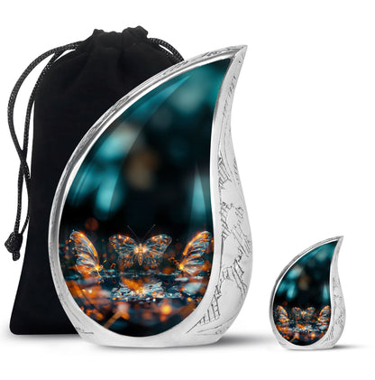 Butterfly Urn for Human Ashes, Glowing Gold Wings with Sparkle Particles, Black Gloss Urn