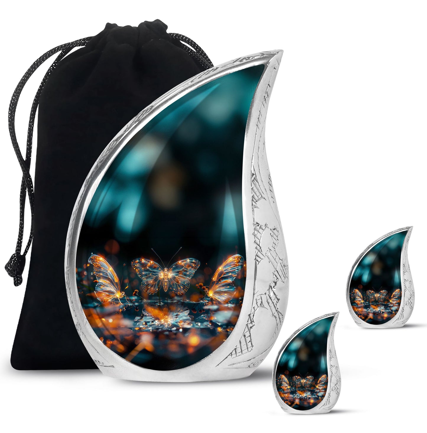 Butterfly Urn for Human Ashes, Glowing Gold Wings with Sparkle Particles, Black Gloss Urn
