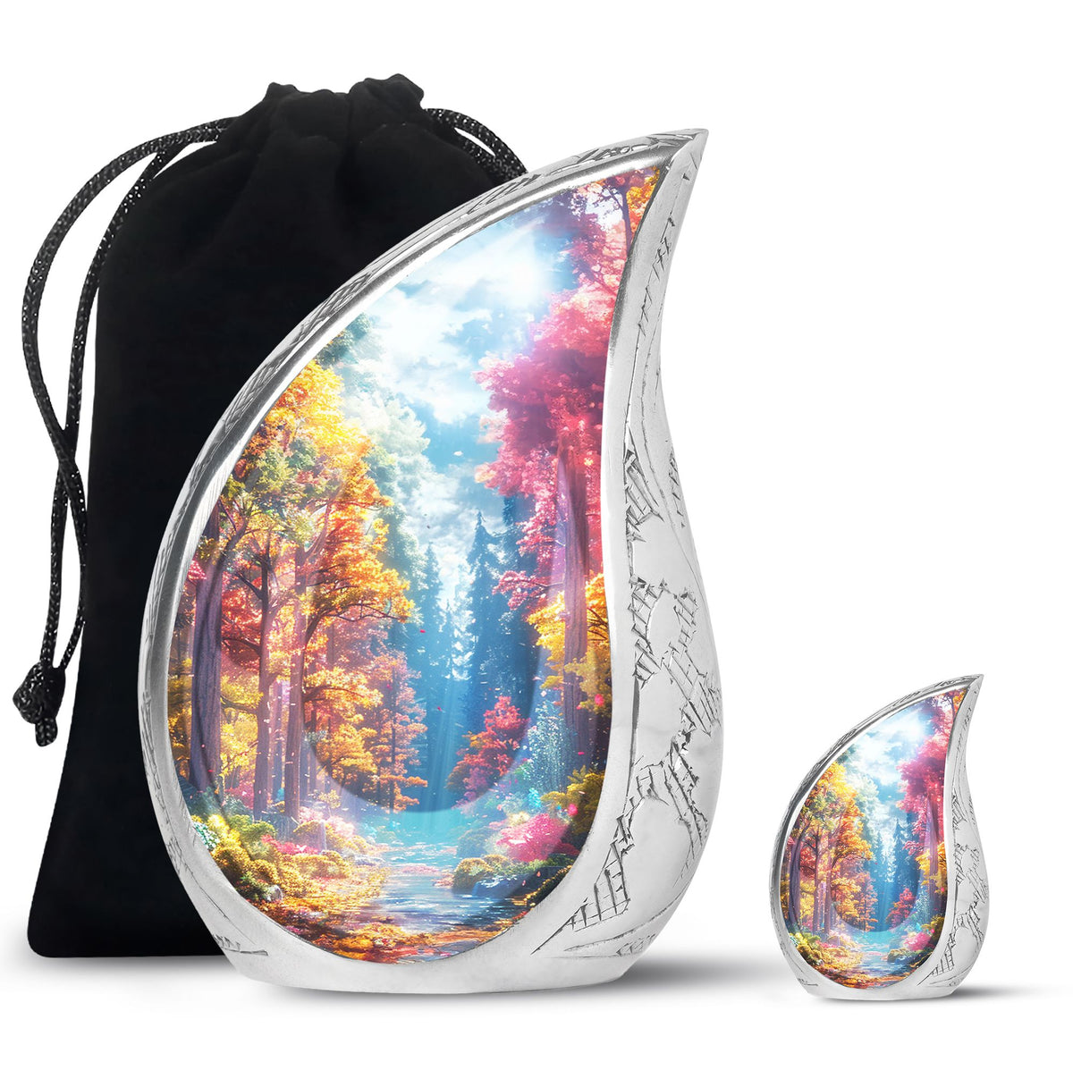Forest Urn for Human Ashes, Colorful Autumn Path Through Trees, Cremation Urn