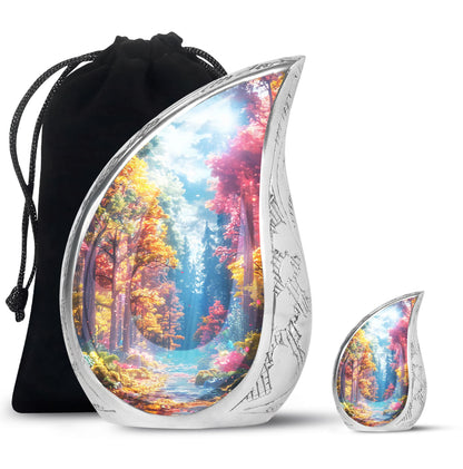 Forest Urn for Human Ashes, Colorful Autumn Path Through Trees, Cremation Urn