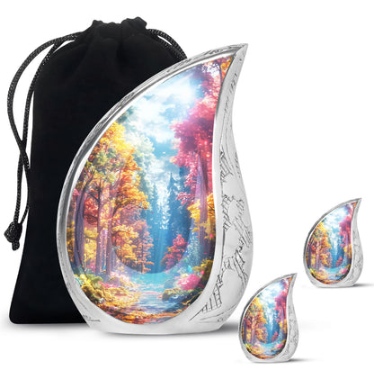 Forest Urn for Human Ashes, Colorful Autumn Path Through Trees, Cremation Urn
