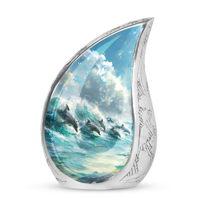 Dolphin Urn for Ashes with Dolphins Jumping Through Ocean Spray, Blue Grey Memorial Urn