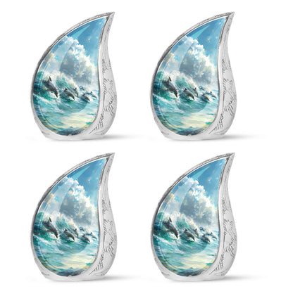 Dolphin Urn for Ashes with Dolphins Jumping Through Ocean Spray, Blue Grey Memorial Urn
