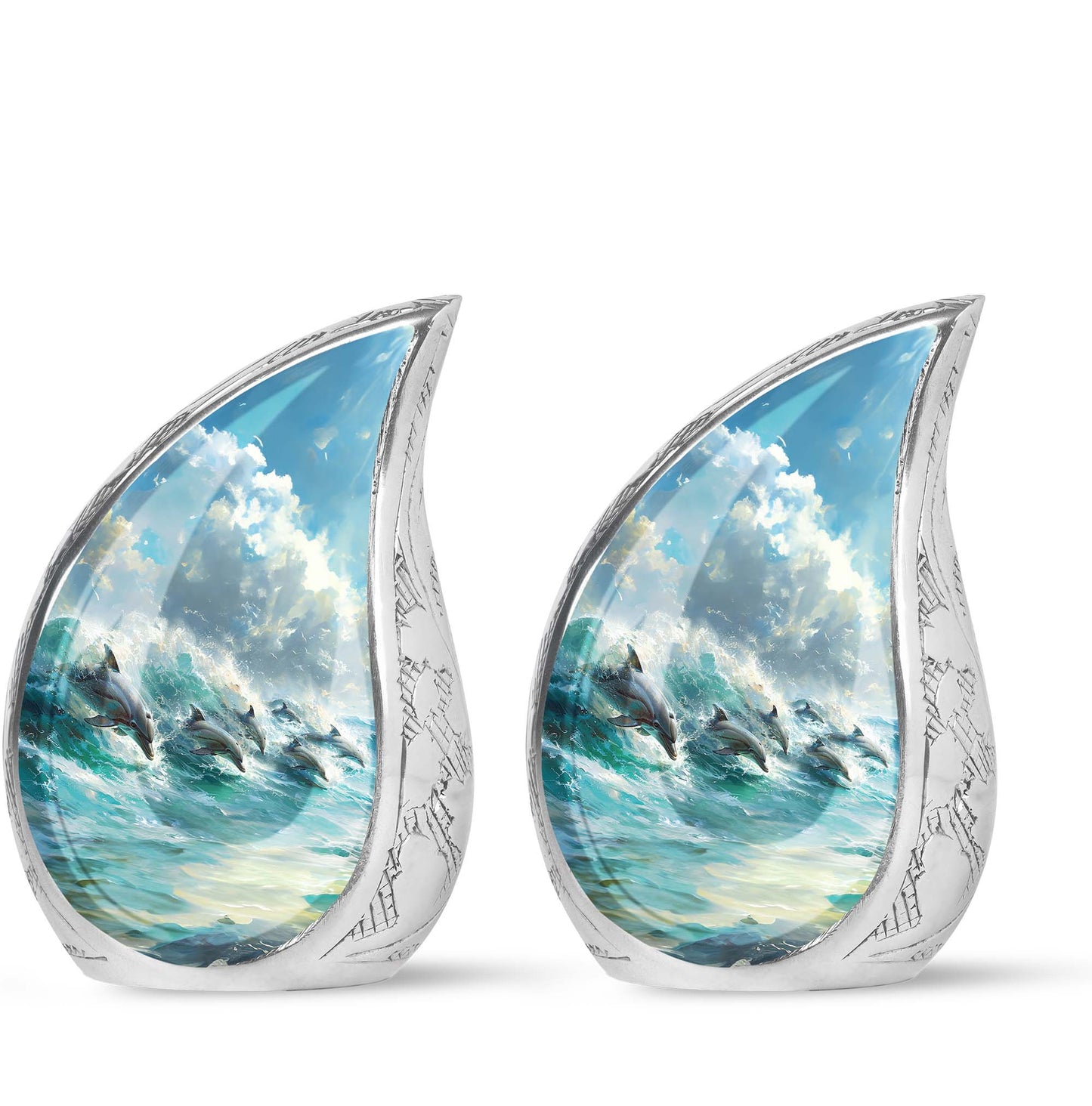 Dolphin Urn for Ashes with Dolphins Jumping Through Ocean Spray, Blue Grey Memorial Urn
