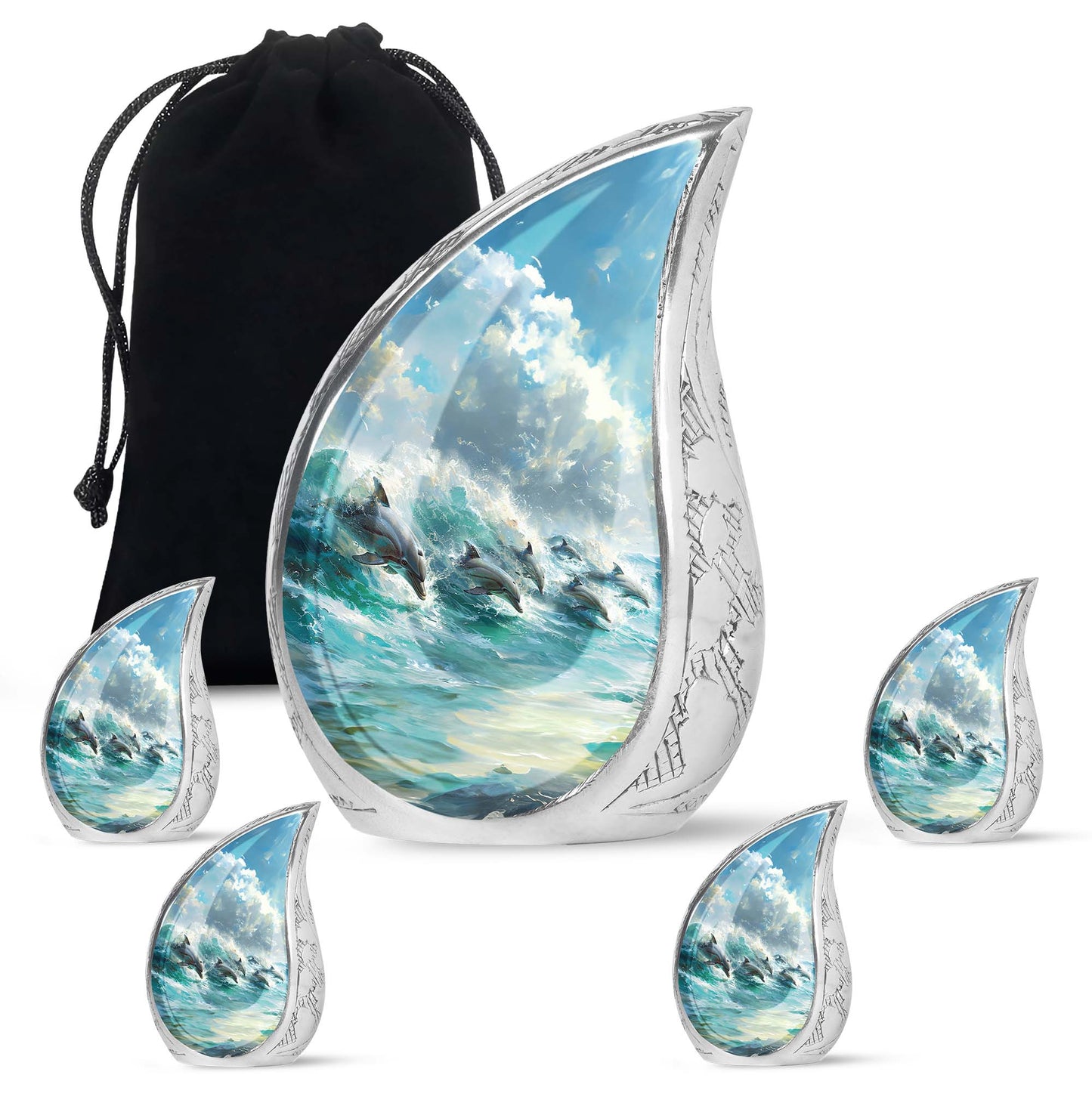 Dolphin Urn for Ashes with Dolphins Jumping Through Ocean Spray, Blue Grey Memorial Urn