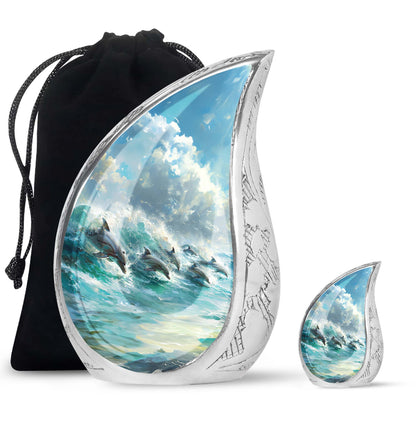 Dolphin Urn for Ashes with Dolphins Jumping Through Ocean Spray, Blue Grey Memorial Urn
