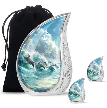 Dolphin Urn for Ashes with Dolphins Jumping Through Ocean Spray, Blue Grey Memorial Urn