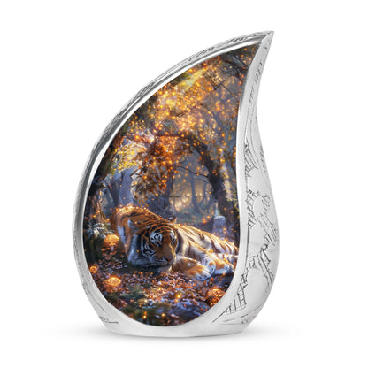 Tiger Urn for Human Ashes, Resting in Glowing Forest Flowers, Cremation Urn