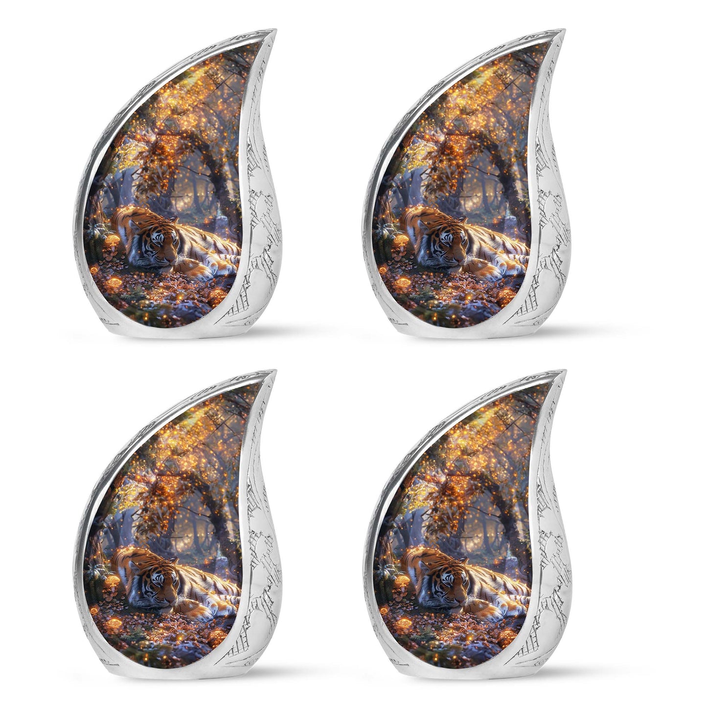 Tiger Urn for Human Ashes, Resting in Glowing Forest Flowers, Cremation Urn