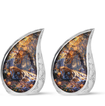 Tiger Urn for Human Ashes, Resting in Glowing Forest Flowers, Cremation Urn