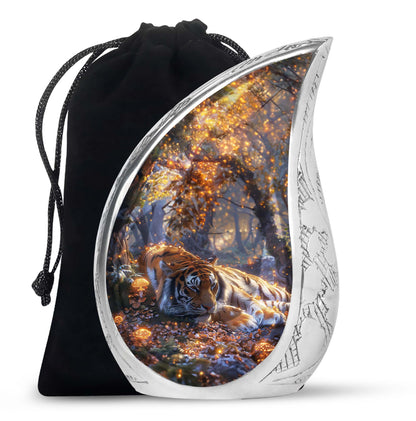 Tiger Urn for Human Ashes, Resting in Glowing Forest Flowers, Cremation Urn