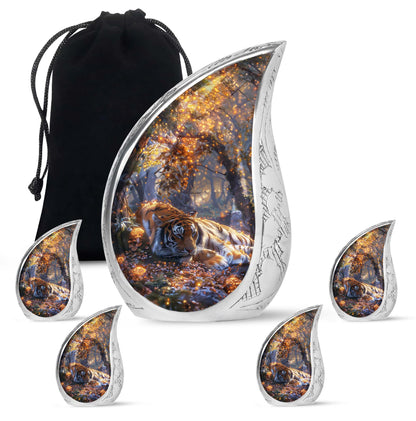 Tiger Urn for Human Ashes, Resting in Glowing Forest Flowers, Cremation Urn