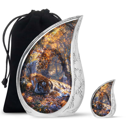 Tiger Urn for Human Ashes, Resting in Glowing Forest Flowers, Cremation Urn