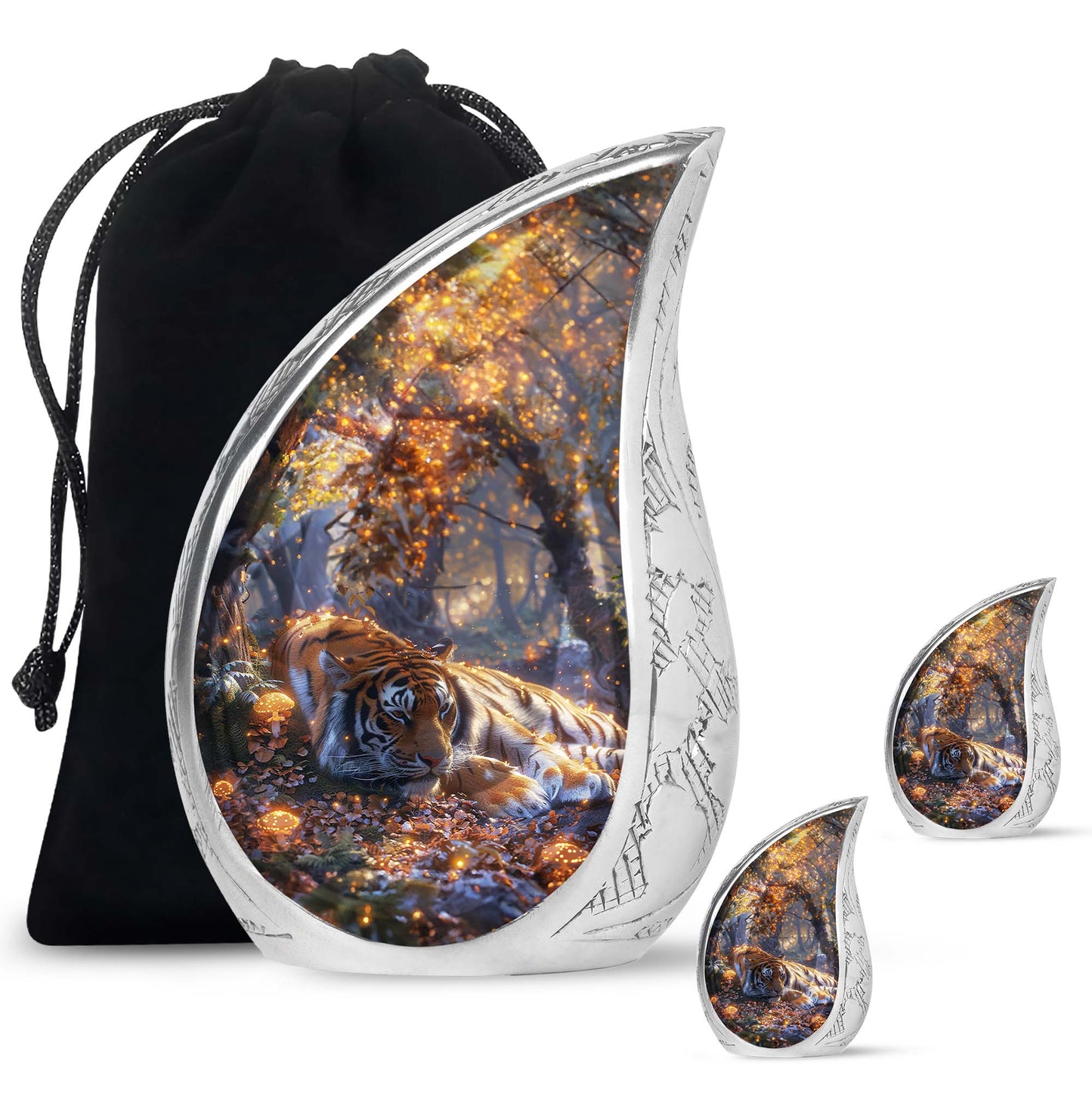 Tiger Urn for Human Ashes, Resting in Glowing Forest Flowers, Cremation Urn