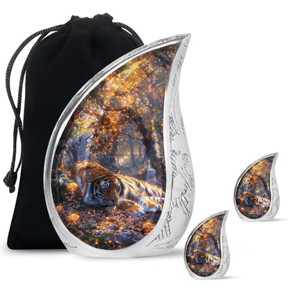 Tiger Urn for Human Ashes, Resting in Glowing Forest Flowers, Cremation Urn