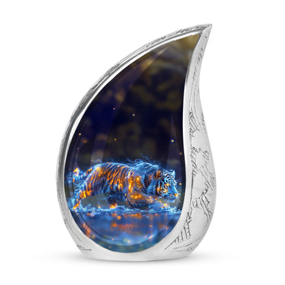 Tiger Urn for Human Ashes, Blue Ceramic Crouching Tiger with Embers in Water, Memorial Urn