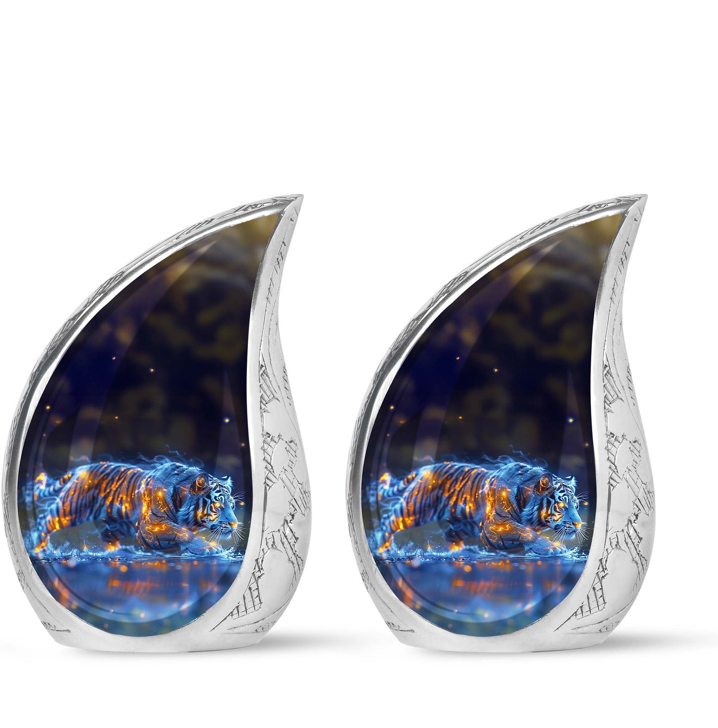 Tiger Urn for Human Ashes, Blue Ceramic Crouching Tiger with Embers in Water, Memorial Urn