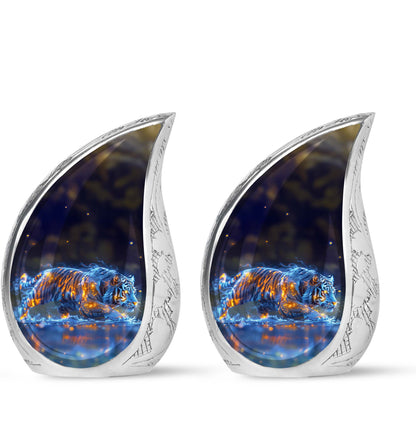 Tiger Urn for Human Ashes, Blue Ceramic Crouching Tiger with Embers in Water, Memorial Urn
