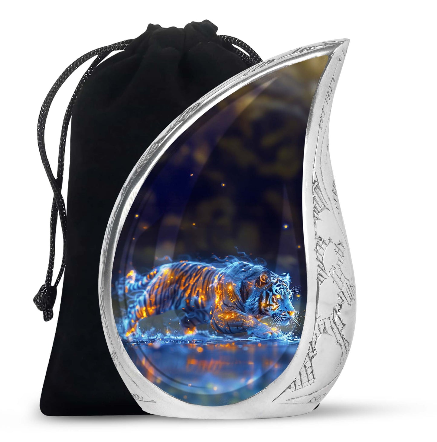 Tiger Urn for Human Ashes, Blue Ceramic Crouching Tiger with Embers in Water, Memorial Urn