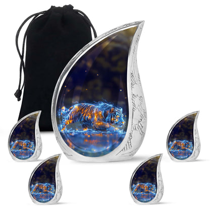 Tiger Urn for Human Ashes, Blue Ceramic Crouching Tiger with Embers in Water, Memorial Urn