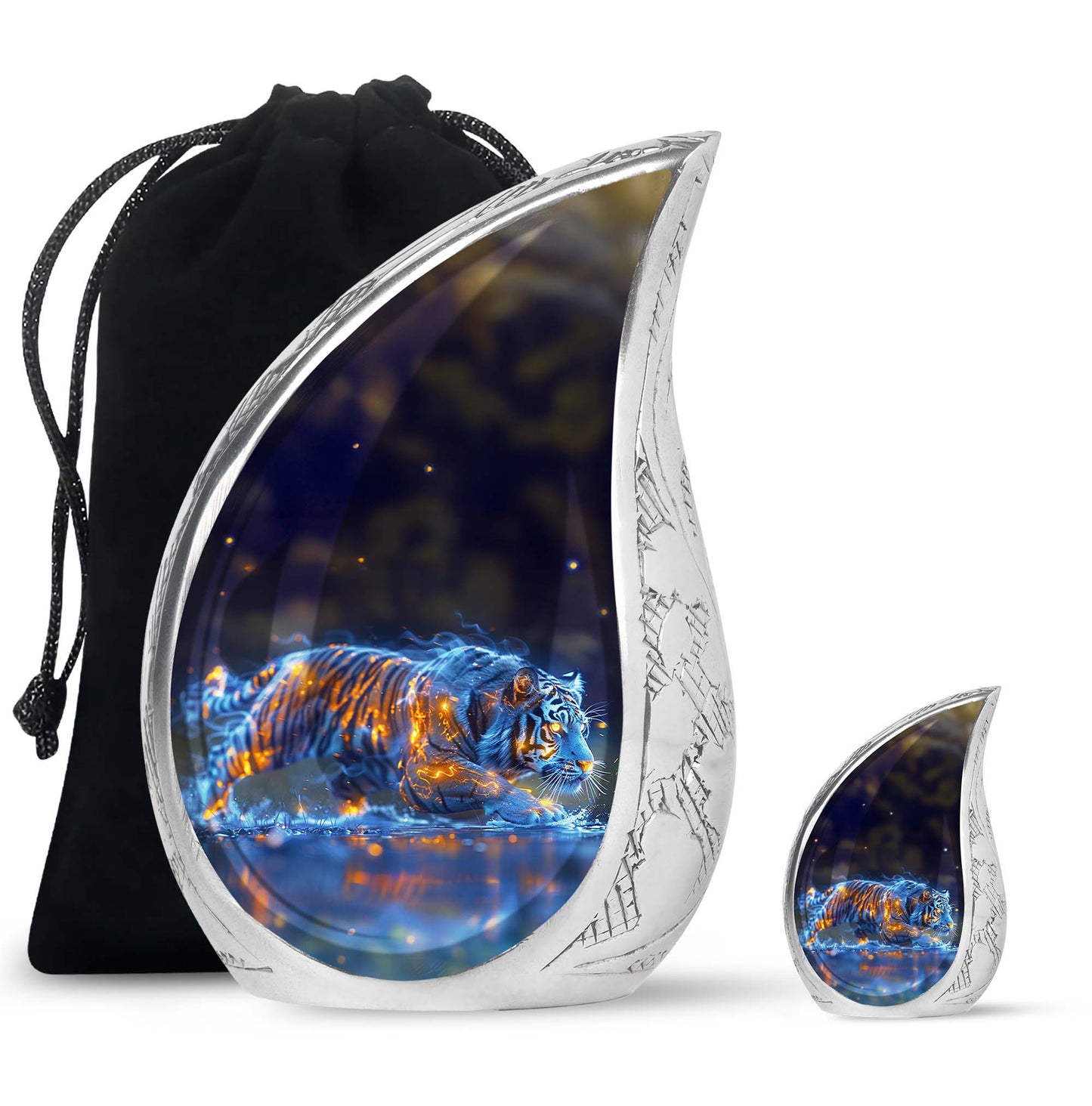 Tiger Urn for Human Ashes, Blue Ceramic Crouching Tiger with Embers in Water, Memorial Urn