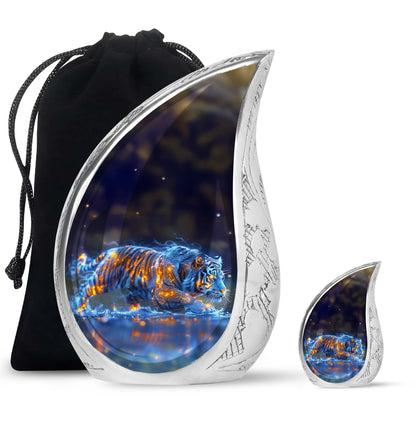 Tiger Urn for Human Ashes, Blue Ceramic Crouching Tiger with Embers in Water, Memorial Urn