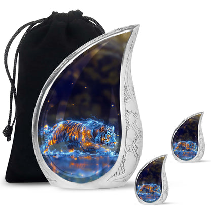 Tiger Urn for Human Ashes, Blue Ceramic Crouching Tiger with Embers in Water, Memorial Urn
