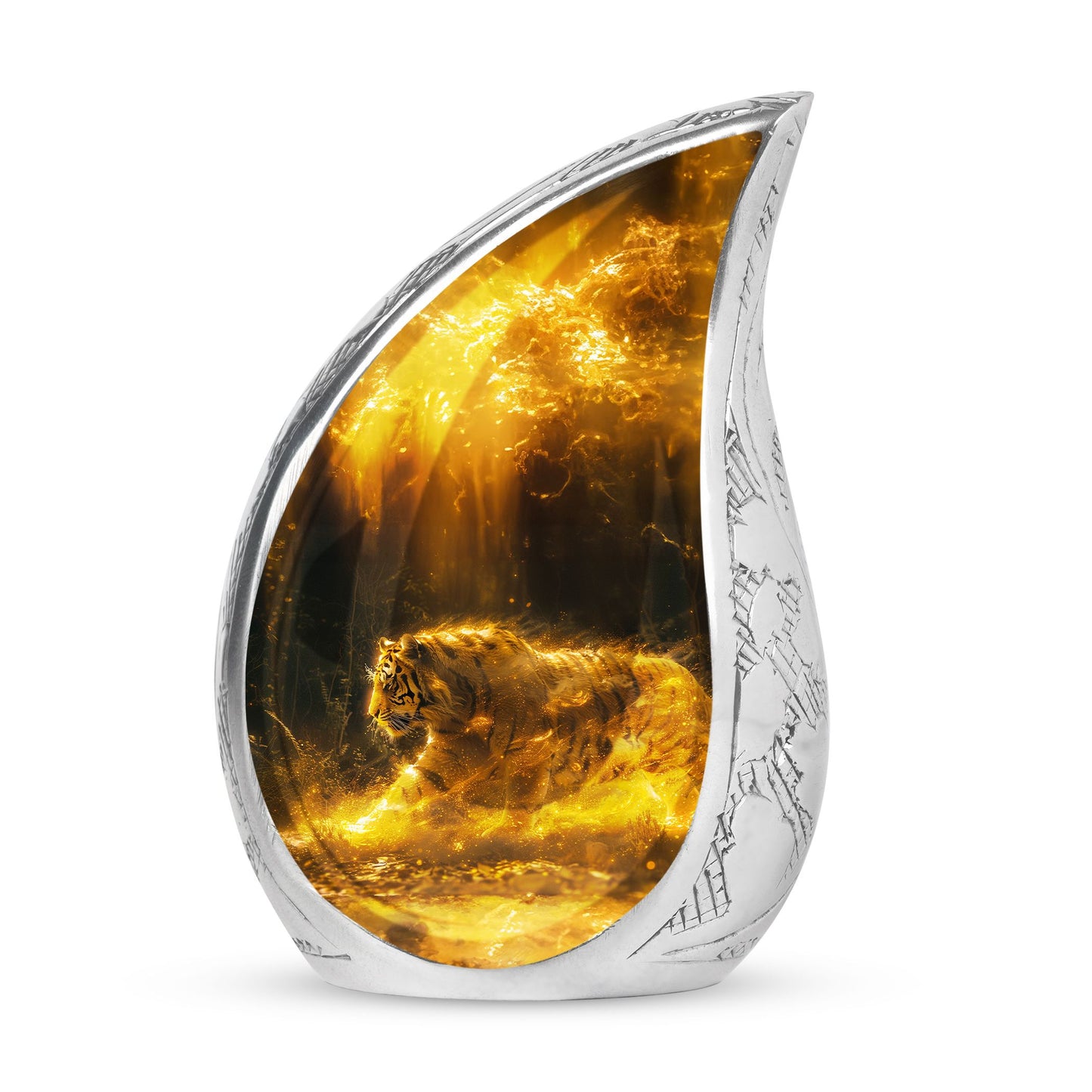 Tiger Urn for Ashes, Tiger Running Through Golden Fire on Black, Memorial Urn