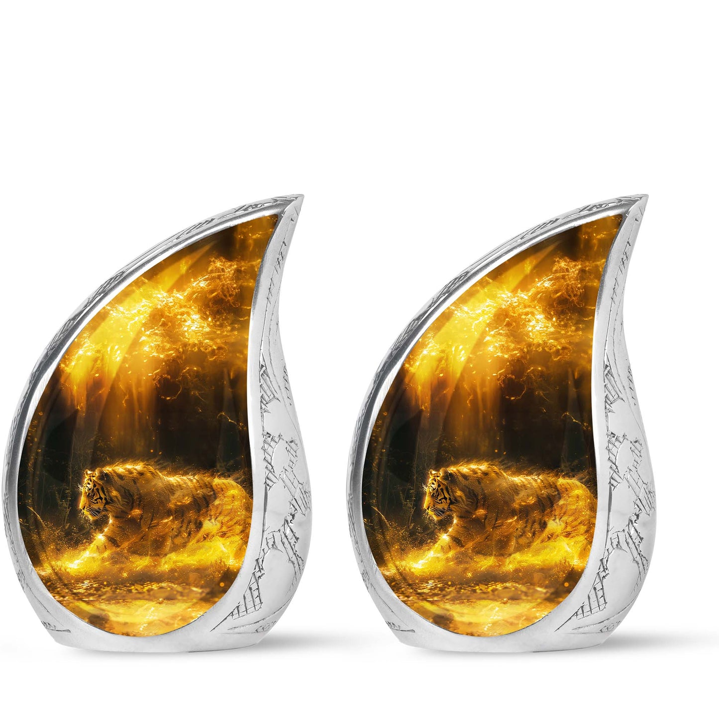 Tiger Urn for Ashes, Tiger Running Through Golden Fire on Black, Memorial Urn