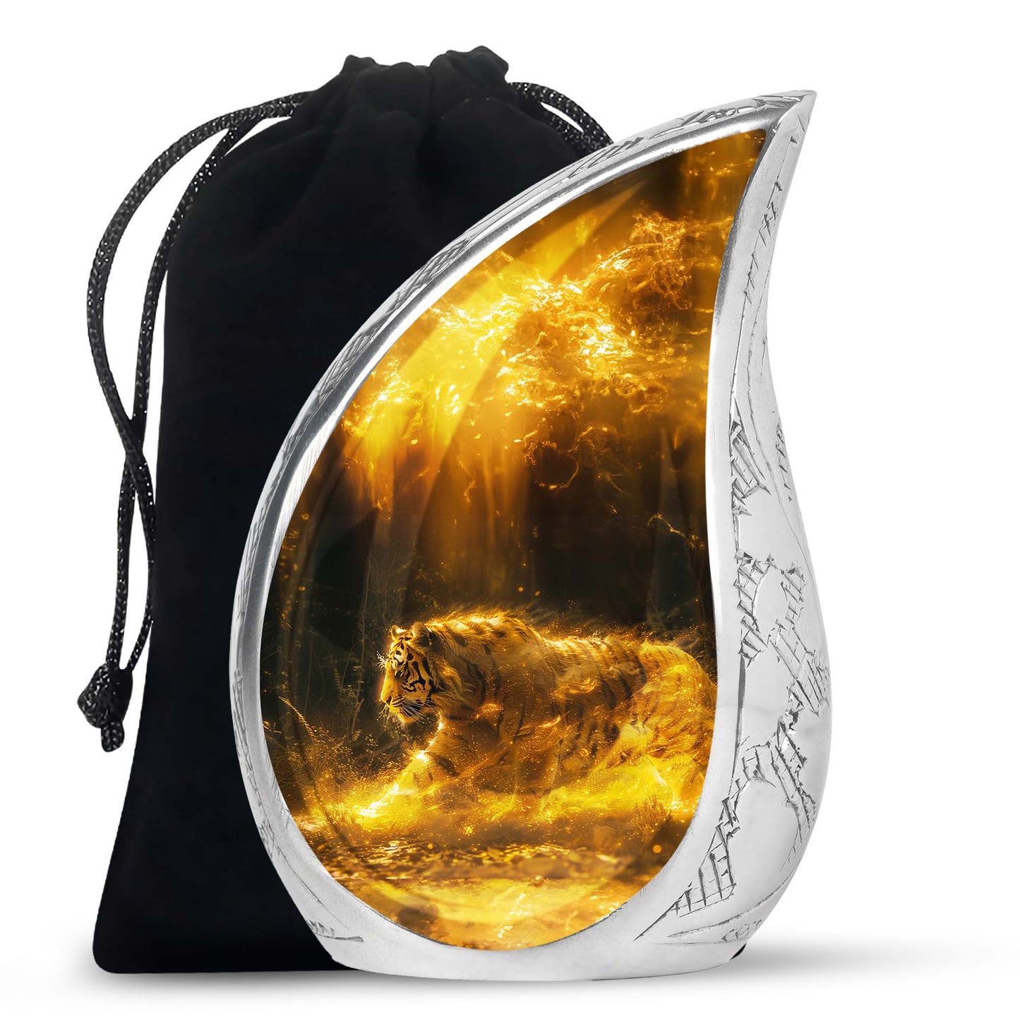 Tiger Urn for Ashes, Tiger Running Through Golden Fire on Black, Memorial Urn