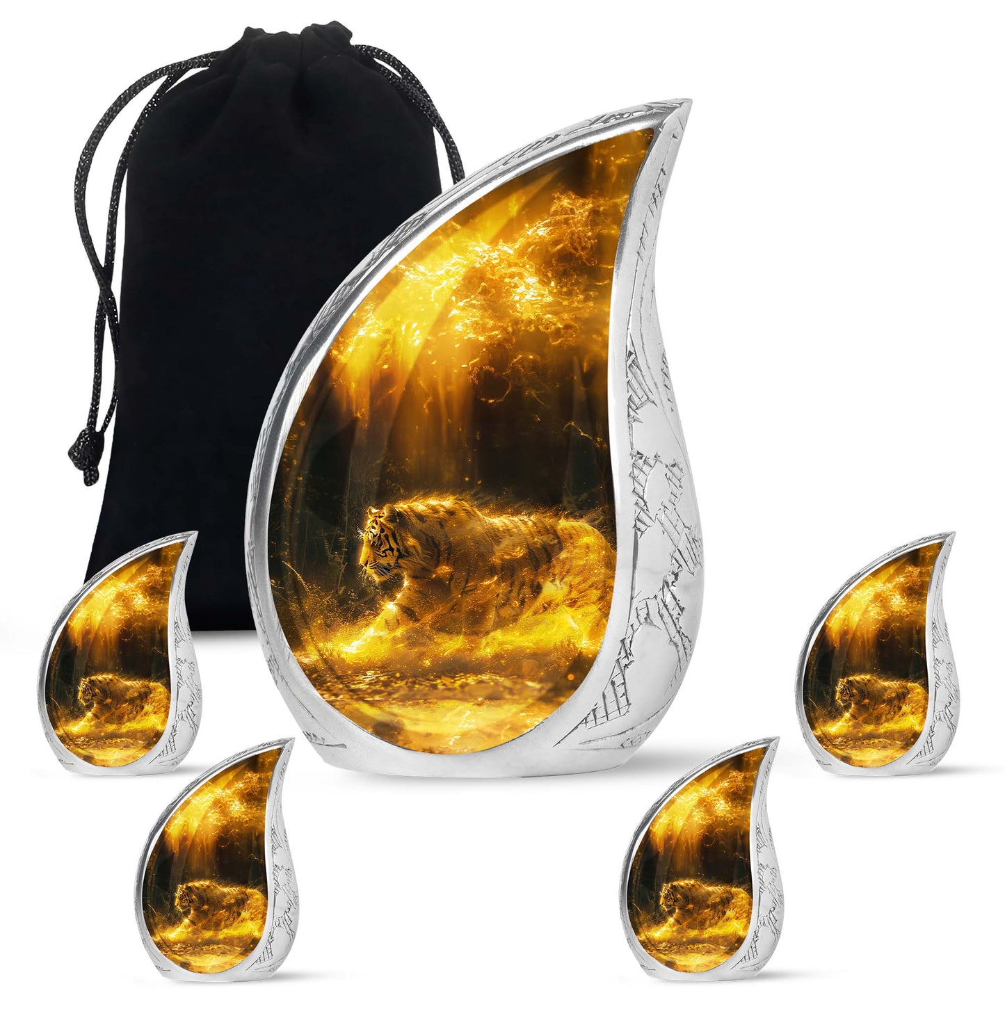Tiger Urn for Ashes, Tiger Running Through Golden Fire on Black, Memorial Urn