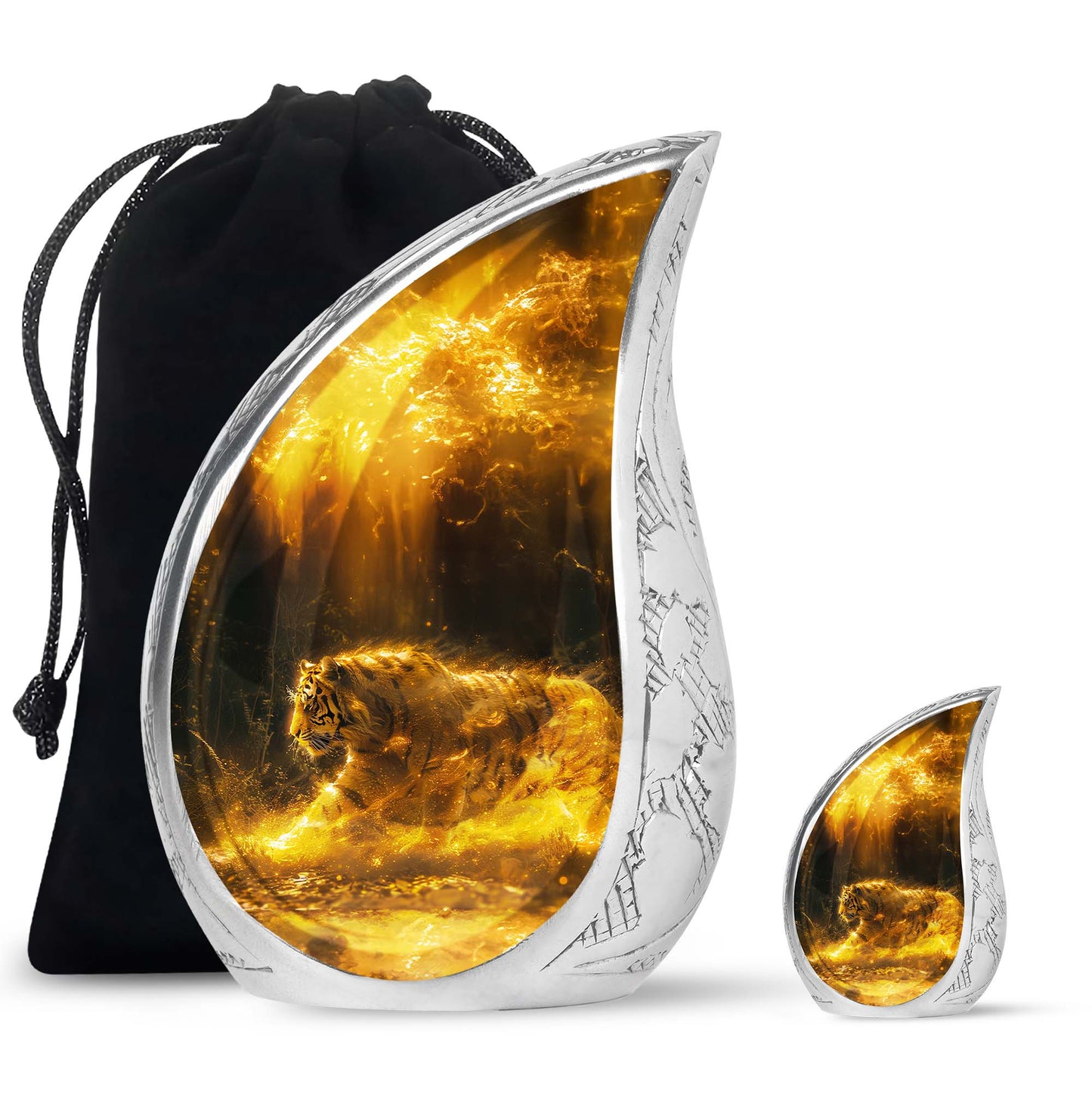 Tiger Urn for Ashes, Tiger Running Through Golden Fire on Black, Memorial Urn