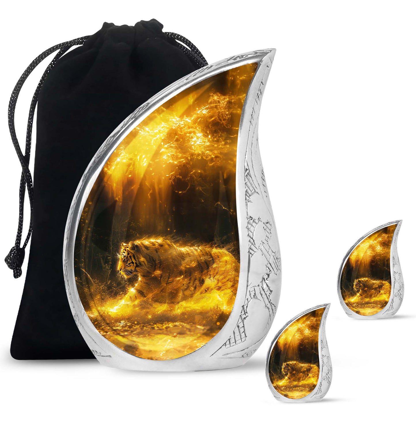 Tiger Urn for Ashes, Tiger Running Through Golden Fire on Black, Memorial Urn