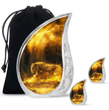 Tiger Urn for Ashes, Tiger Running Through Golden Fire on Black, Memorial Urn
