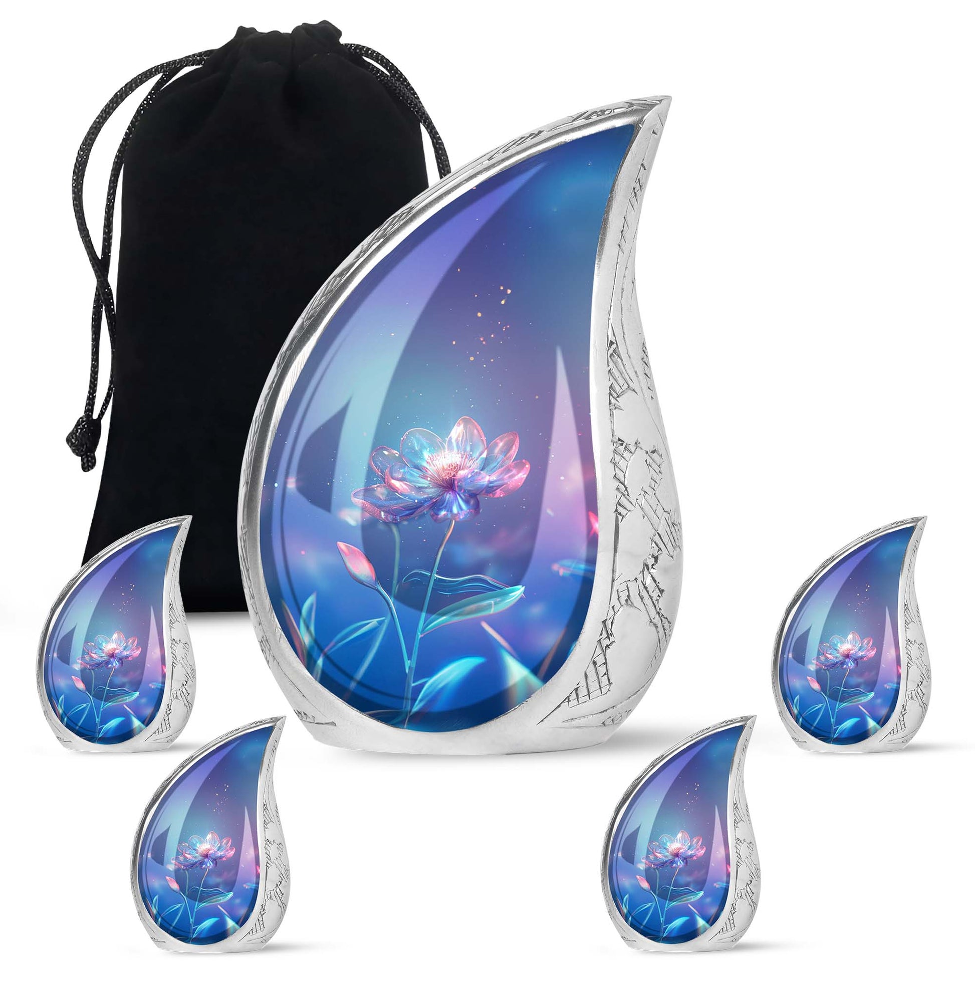 Beautiful Blue Flower Urn - Artistic Floral Design Cremation Urn for Ashes