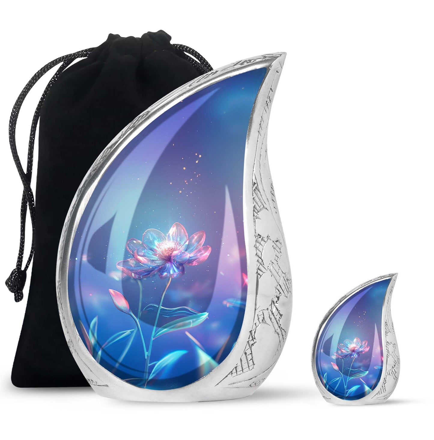 Blue Personalized Flower Cremation Urn for Human Ashes - 10-inch, 200 cu in - Yatskia