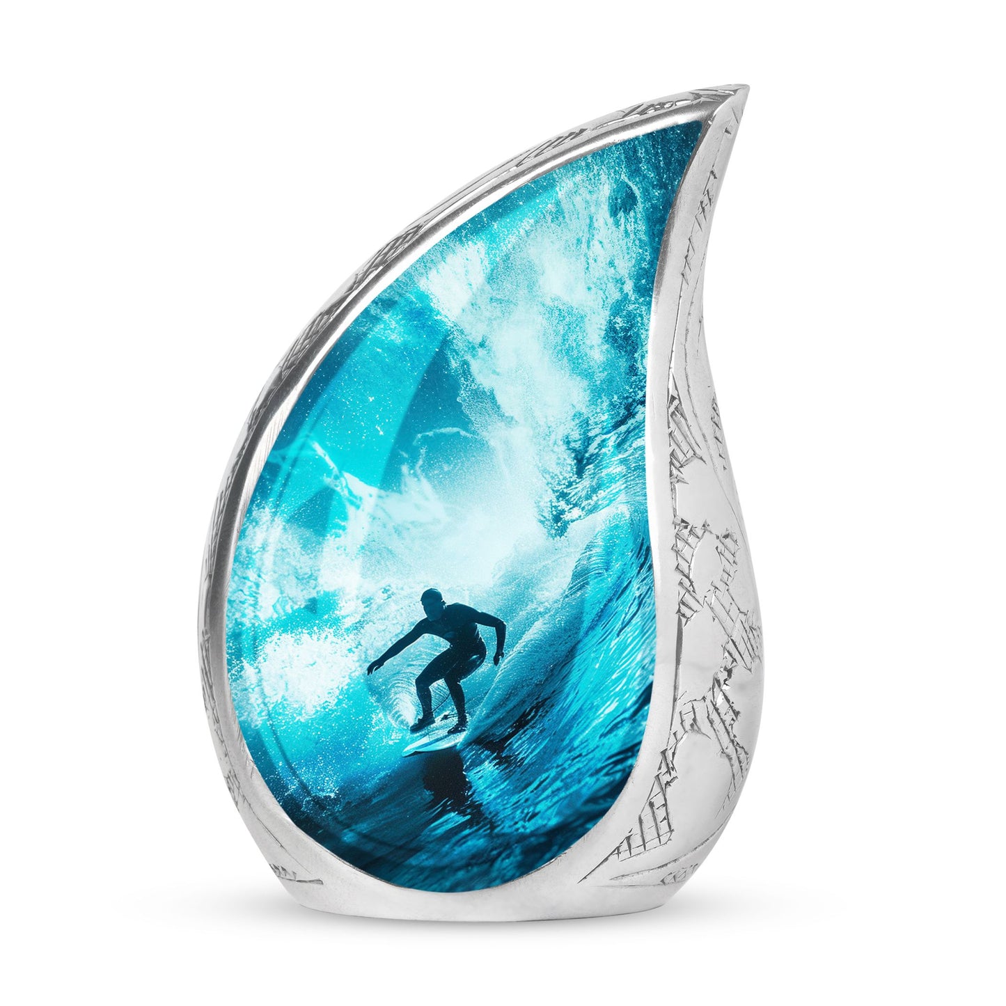 Surfing Urn for Human Ashes with Surfer Silhouette Turquoise Wave, Memorial Urn