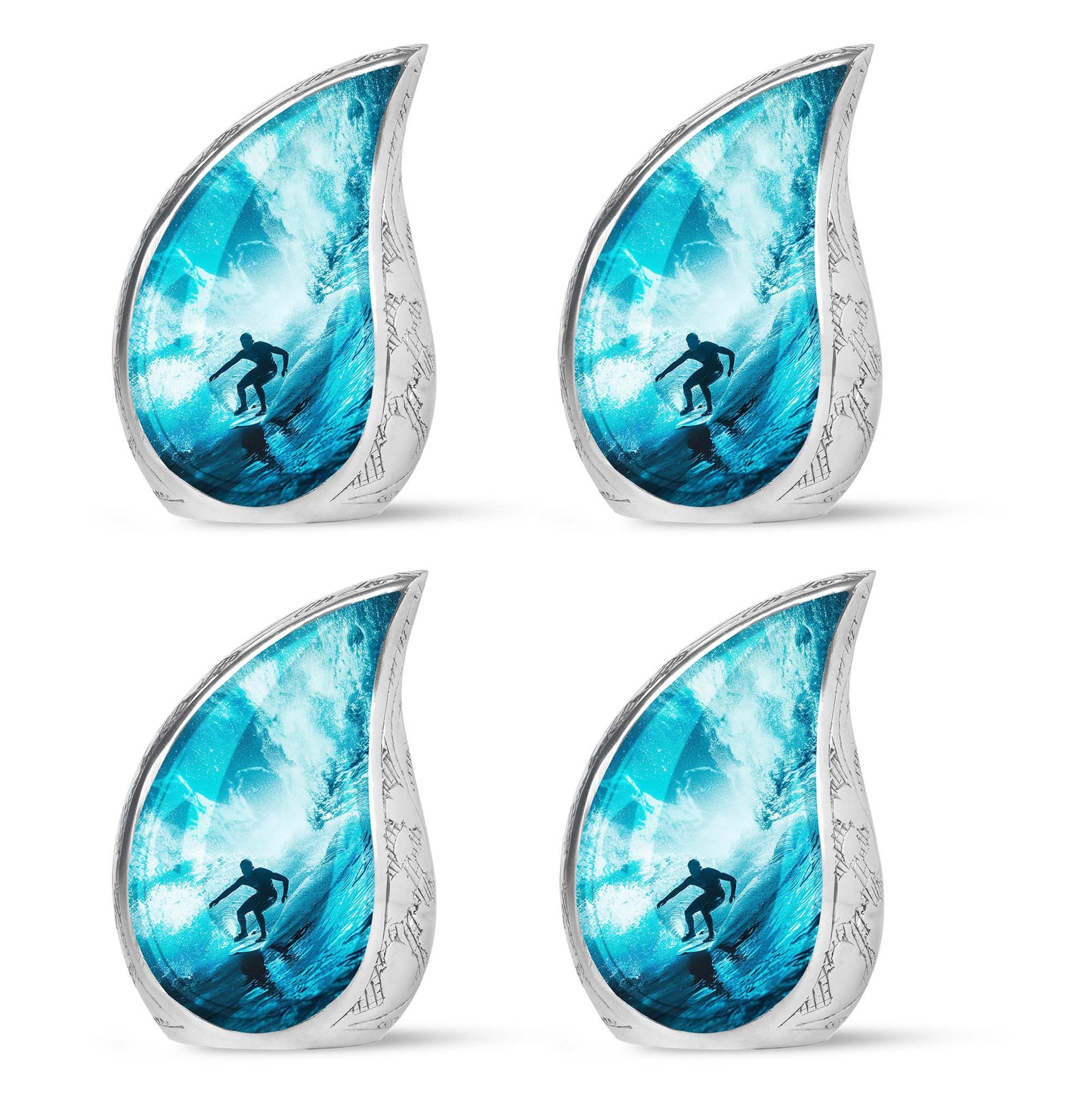 Surfing Urn for Human Ashes with Surfer Silhouette Turquoise Wave, Memorial Urn