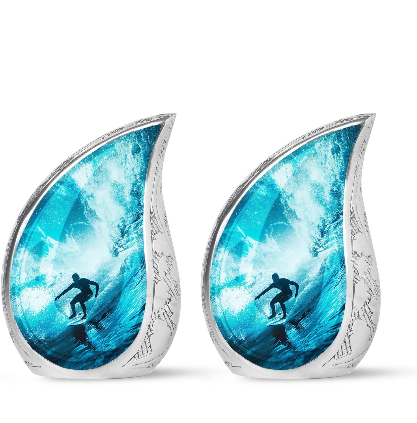 Surfing Urn for Human Ashes with Surfer Silhouette Turquoise Wave, Memorial Urn