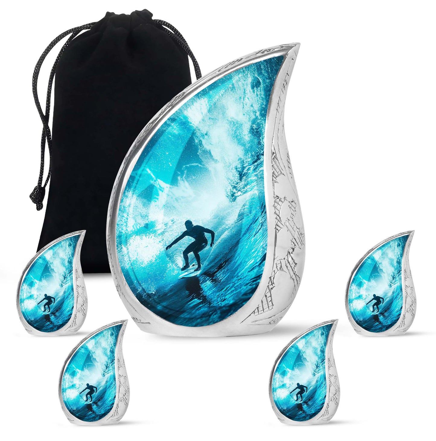 Surfing Urn for Human Ashes with Surfer Silhouette Turquoise Wave, Memorial Urn