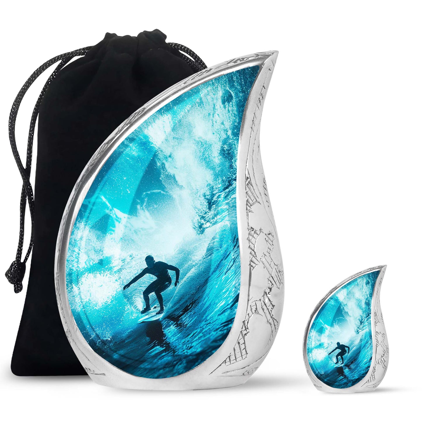 Surfing Urn for Human Ashes with Surfer Silhouette Turquoise Wave, Memorial Urn