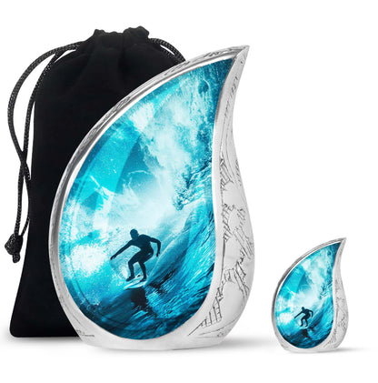 Surfing Urn for Human Ashes with Surfer Silhouette Turquoise Wave, Memorial Urn