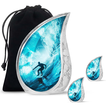 Surfing Urn for Human Ashes with Surfer Silhouette Turquoise Wave, Memorial Urn