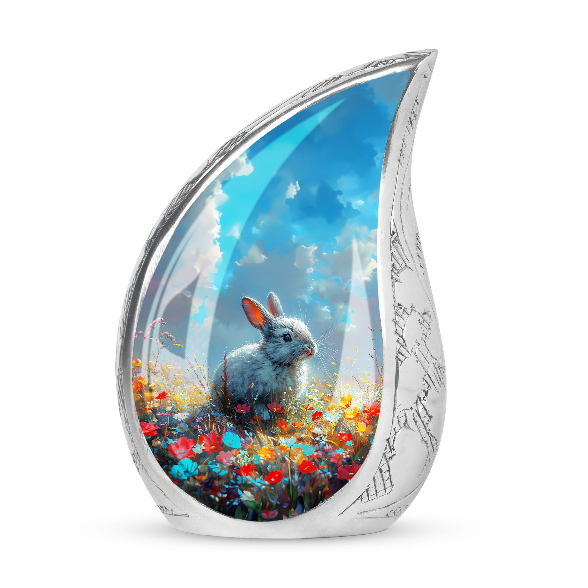 Colorful Flower Urn with White Bunny - Beautiful Pet Memorial Urn for Ashes