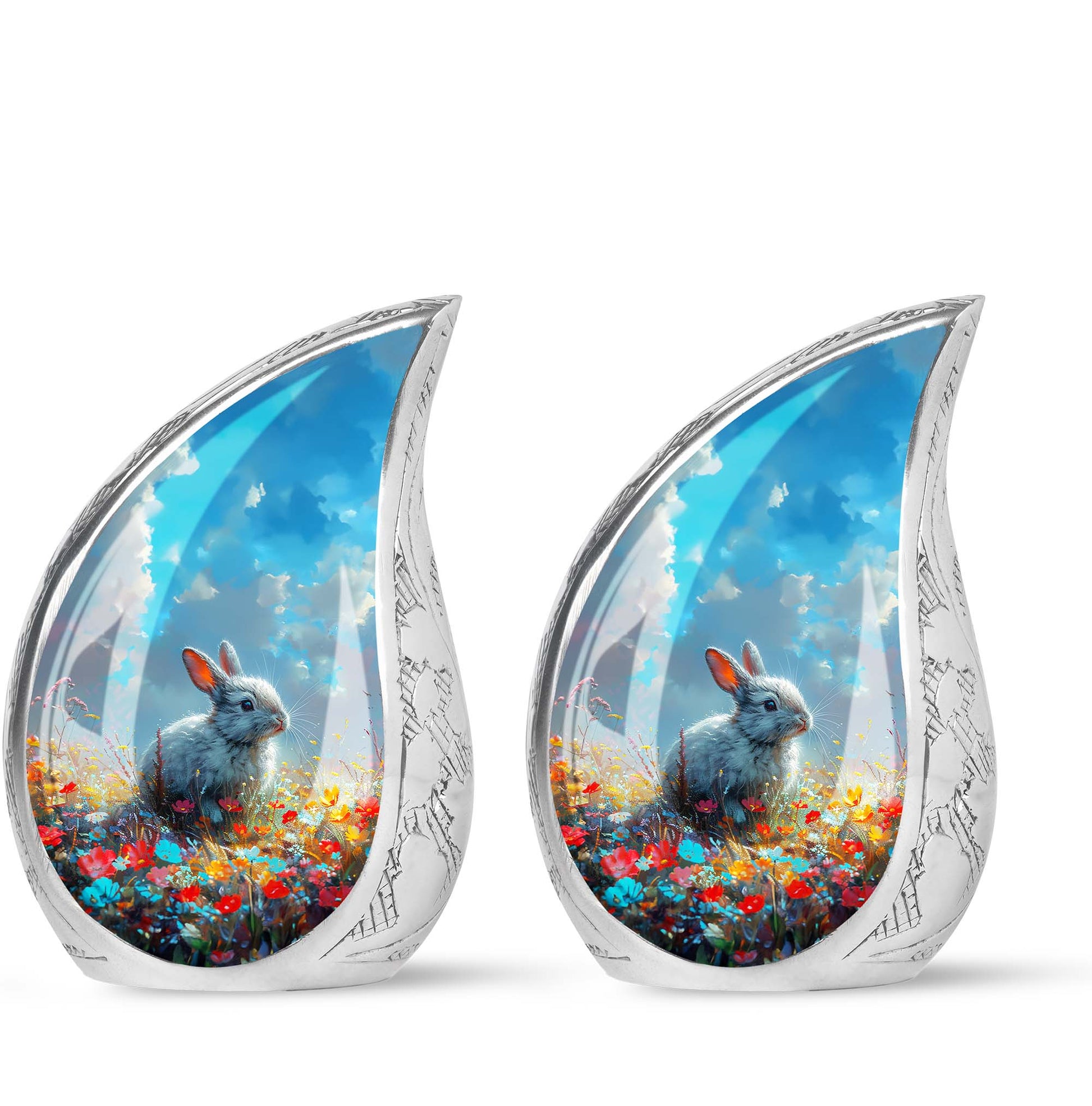 Colorful Flower Urn with White Bunny - Beautiful Pet Memorial Urn for Ashes