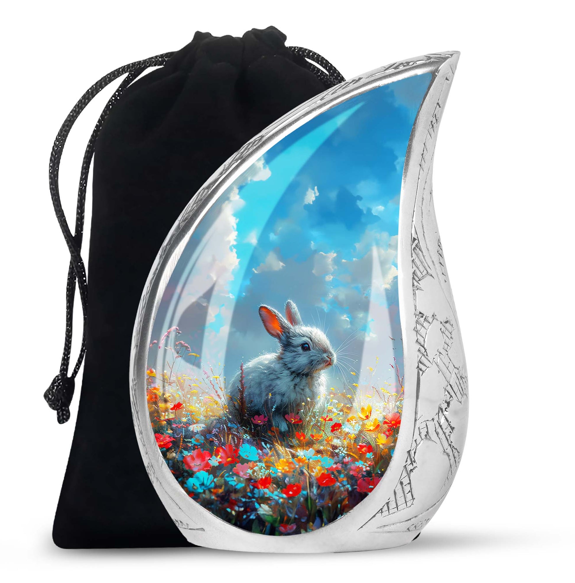 Colorful Flower Urn with White Bunny - Beautiful Pet Memorial Urn for Ashes