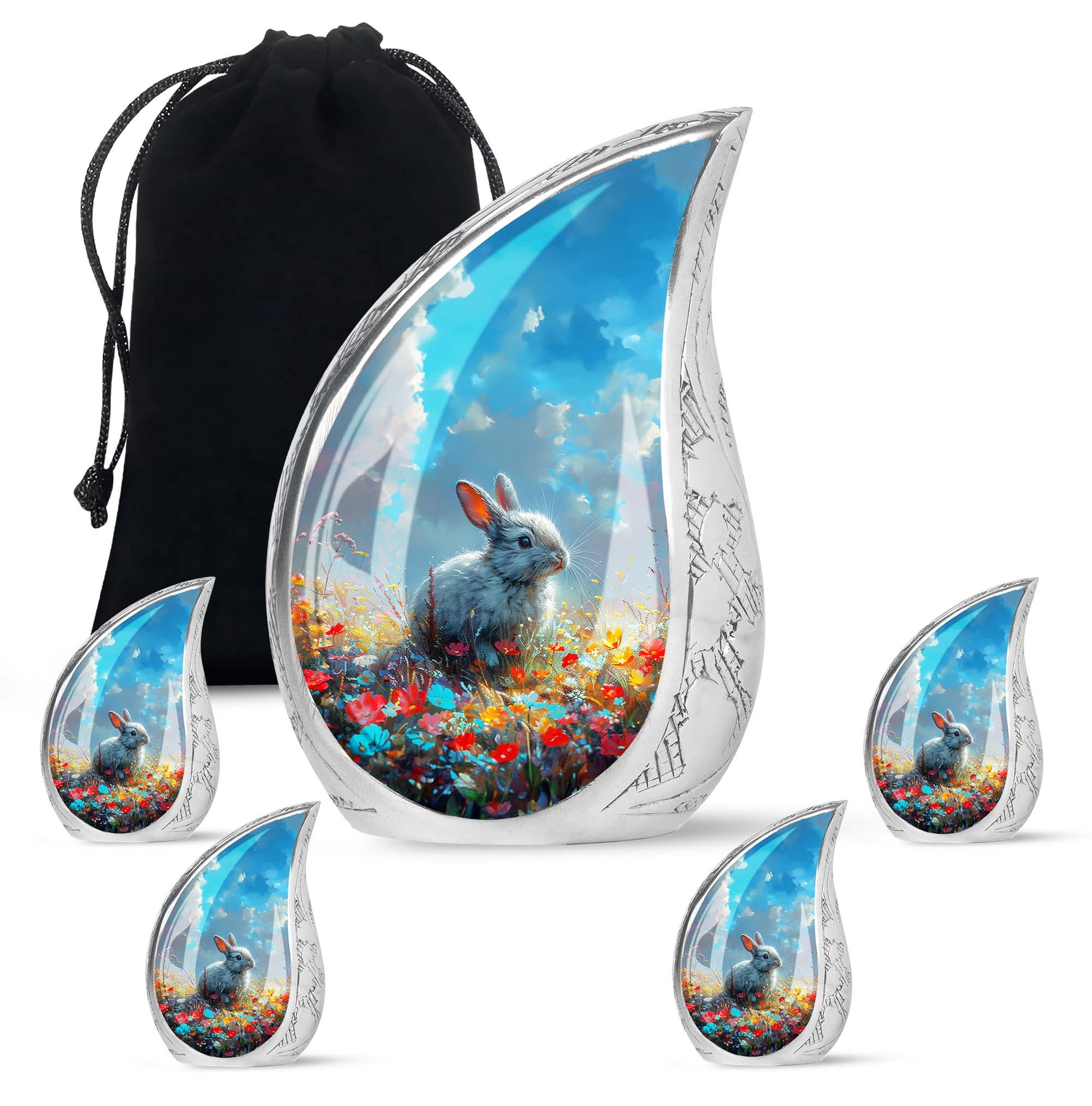 Colorful Flower Urn with White Bunny - Beautiful Pet Memorial Urn for Ashes