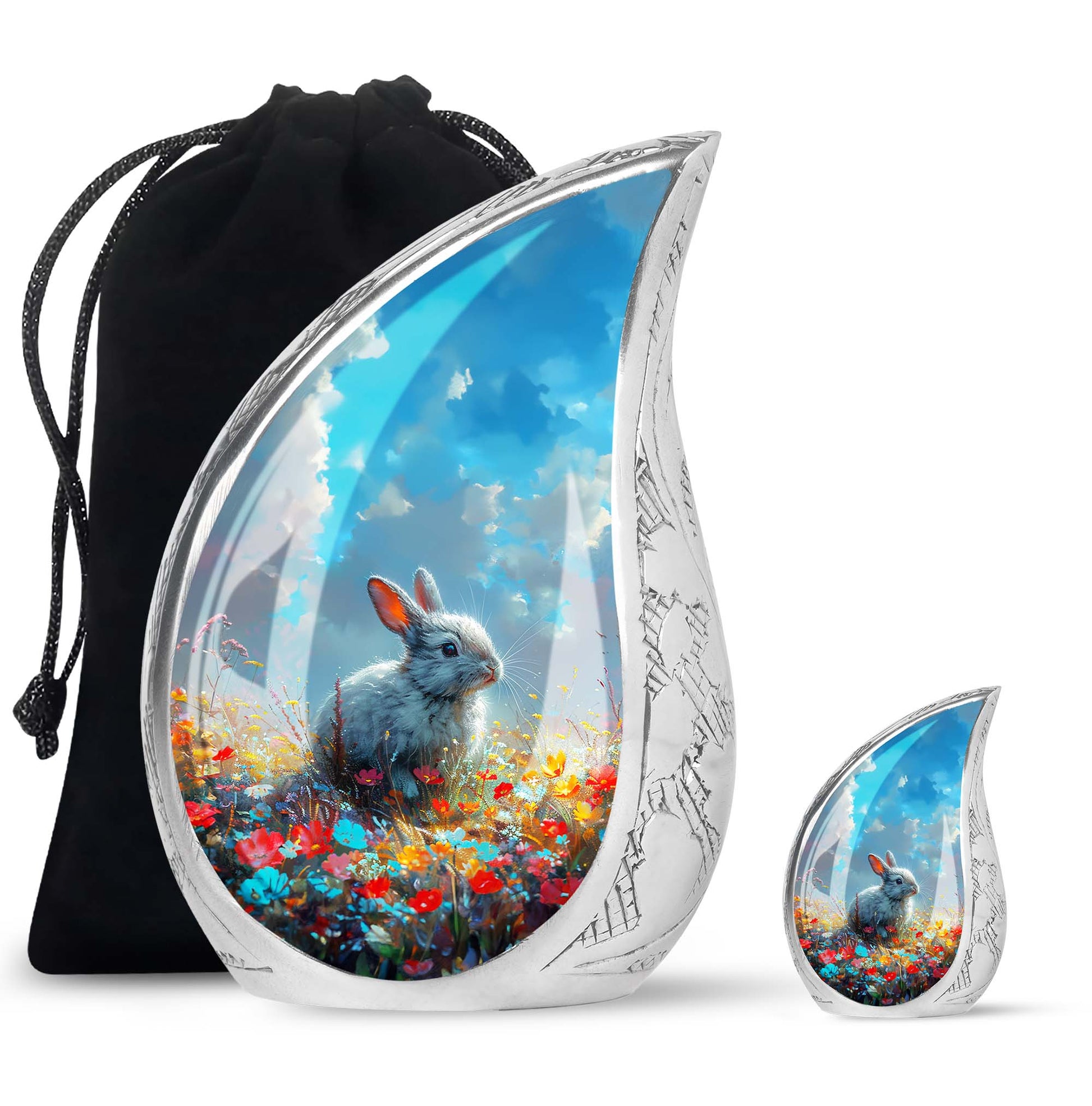 Colorful Flower Urn with White Bunny - Beautiful Pet Memorial Urn for Ashes